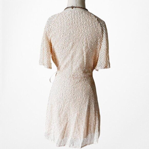 Zara Off White Cream Ruffle Short Sleeve Wrap Flared Sequin Mini Dress Size M/L - Picture 5 of 7